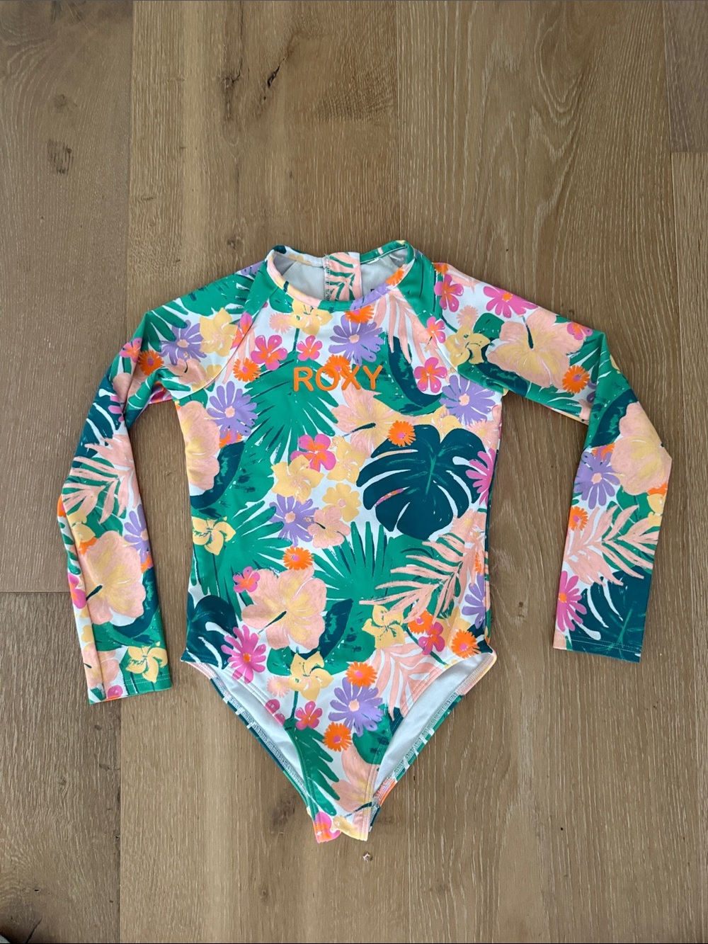 Roxy Kids' Tropical Floral Long-Sleeve One-Piece Swimsuit - Green/Pink/Yellow